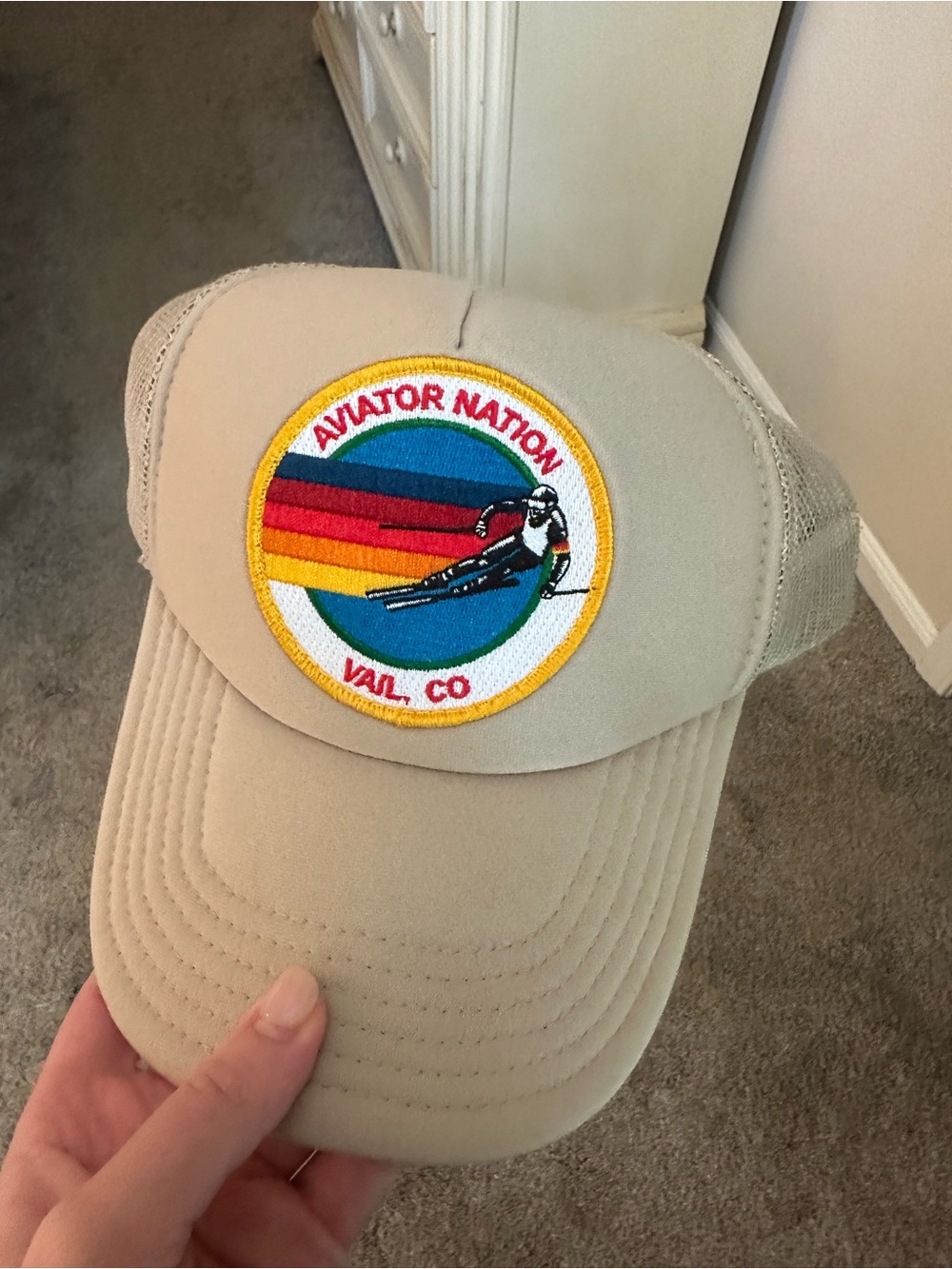 Aviator Nation - Vail, Co - Beige Trucker Hat with Retro Rainbow Patch